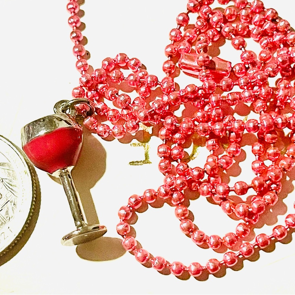 Miniature wine goblet charm necklace freestanding W/pink dog tag chain vtg
